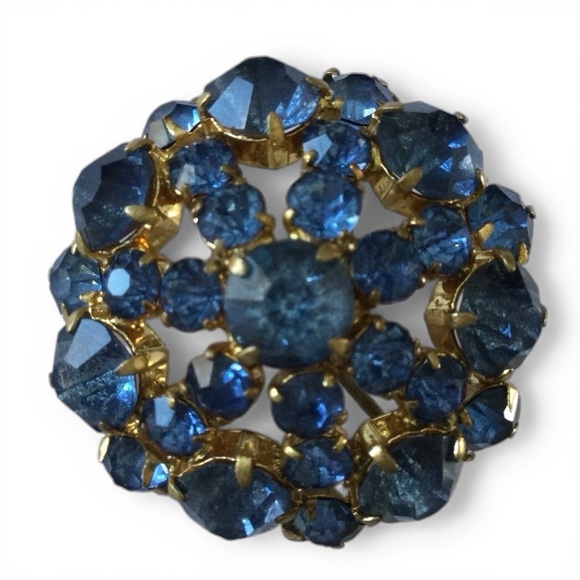 Vintage Gold-tone Signed Czechoslovakia Blue Rhinestone Brooch • Prong‑Set - Picture 3 of 13
